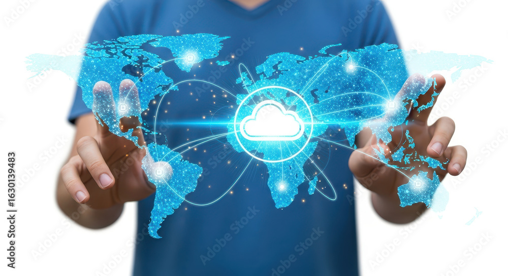 Poster mans hands interacting with a glowing blue digital world map connected to the cloud, representing gl