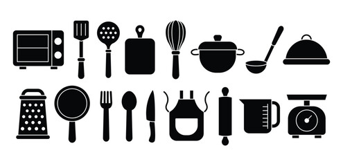 Black Cooking Utensil and Kitchen Appliance Icons Set Vector Design Featuring Microwave, Oven, Spatula, Whick, Pot, Ladle, Dish, Pan, Fork, Spoon, Knife, Apron, Sign Symbol Illustration