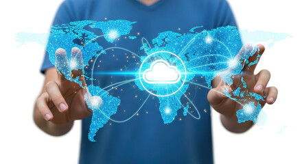  mans hands interacting with a glowing blue digital world map connected to the cloud, representing global technology and networks
