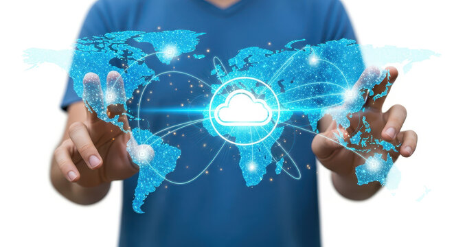  mans hands interacting with a glowing blue digital world map connected to the cloud, representing global technology and networks