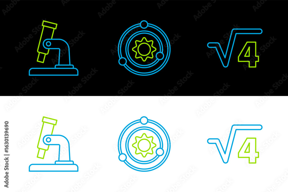 Poster set line square root of 4 glyph, microscope and solar system icon. vector