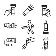 Torchlight Action Icons. Outline icon set of torchlight user actions: switching on, switching off, adjusting beam, pointing torch,