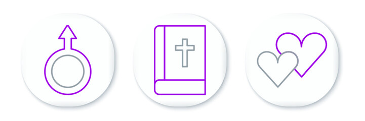 Fototapeta premium Set line Heart, Male gender symbol and Holy bible book icon. Vector