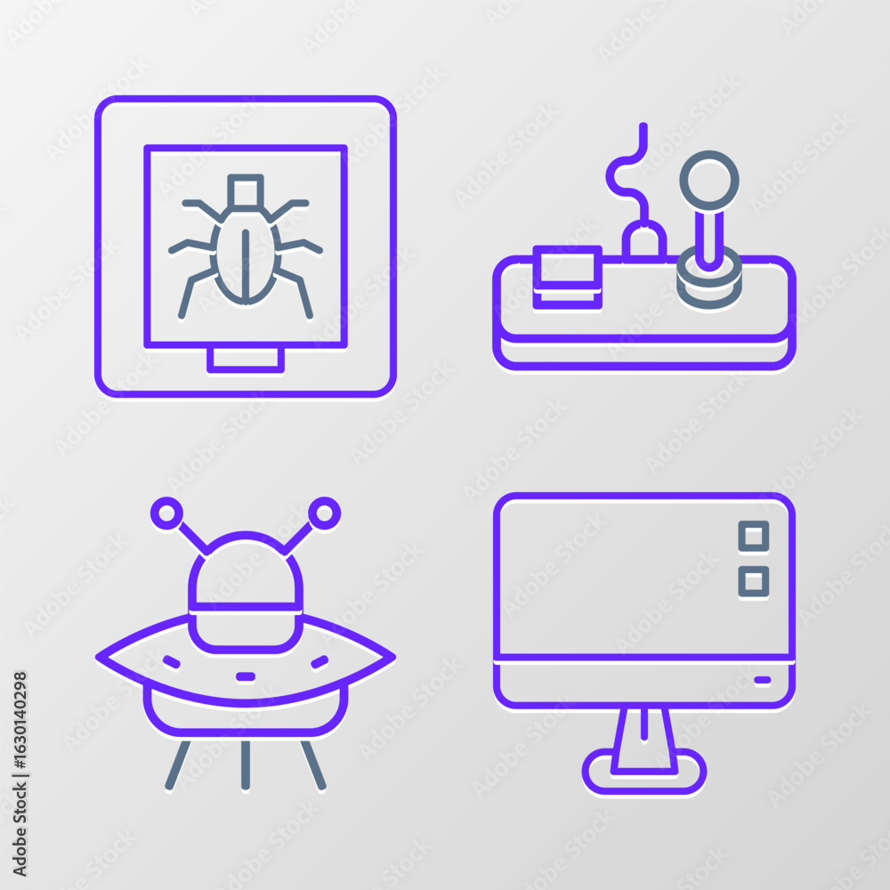 Poster set line computer monitor screen, ufo flying spaceship, gamepad and insects frame icon. vector