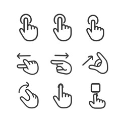 Touch Gesture Icons. Outline icon set of touch gestures: tap, double tap, long press, swipe left, swipe right, pinch zoom, rotate,