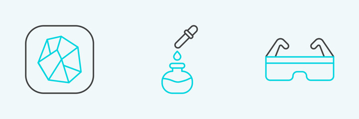 Set line Safety goggle glasses, Salt stone and Test tube and flask icon. Vector