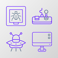 Set line Computer monitor screen, UFO flying spaceship, Gamepad and Insects frame icon. Vector