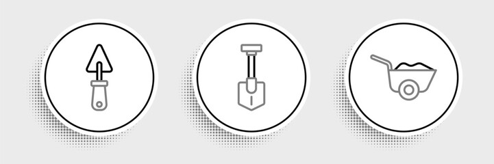Set line Wheelbarrow, Trowel and Shovel icon. Vector