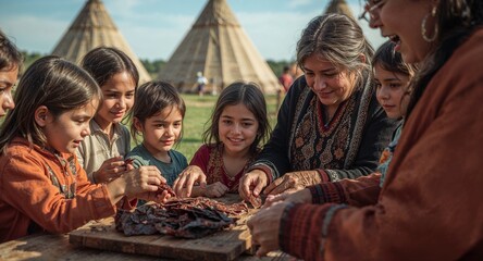 A group of children and an older woman gather around a wooden board with food outdoors near teepees