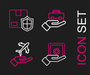 Set line Safe in hand, Plane, Hand holding briefcase and Delivery security with shield icon. Vector