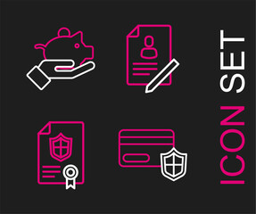 Set line Credit card with shield, Contract, Document and Piggy bank in hand icon. Vector
