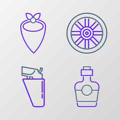 Set line Tequila bottle, Revolver gun in holster, Old wooden wheel and Cowboy bandana icon. Vector
