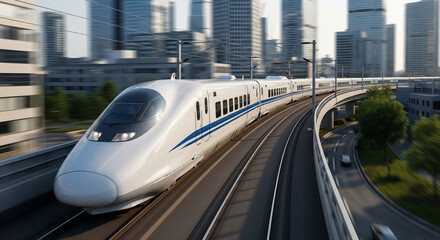 Modern High Speed Train on Elevated Tracks in City
