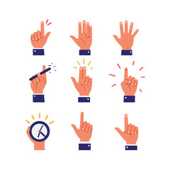 Fototapeta premium Set of cartoon hand gestures pointing, counting, and indicating with a magic wand and clock, isolated on white background