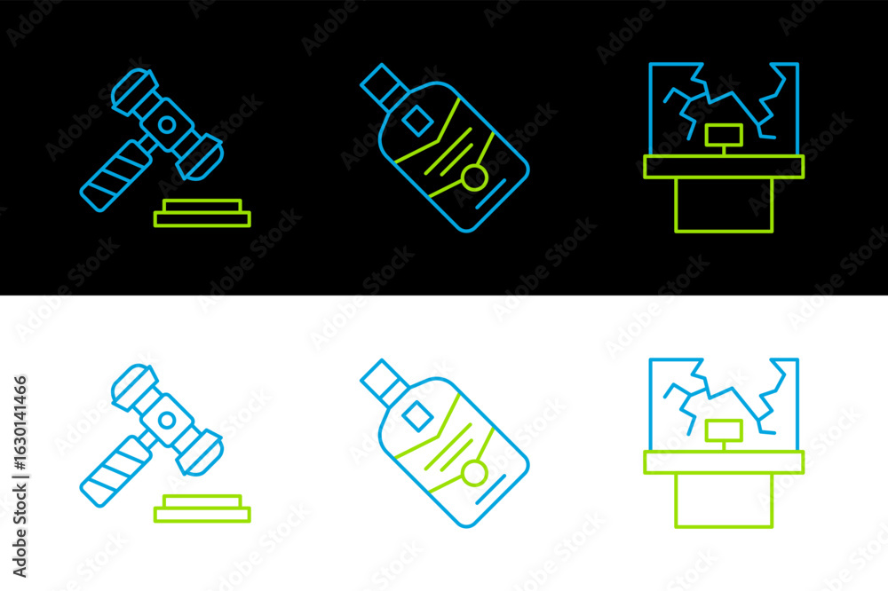 Poster set line broken window, judge gavel and whiskey bottle icon. vector