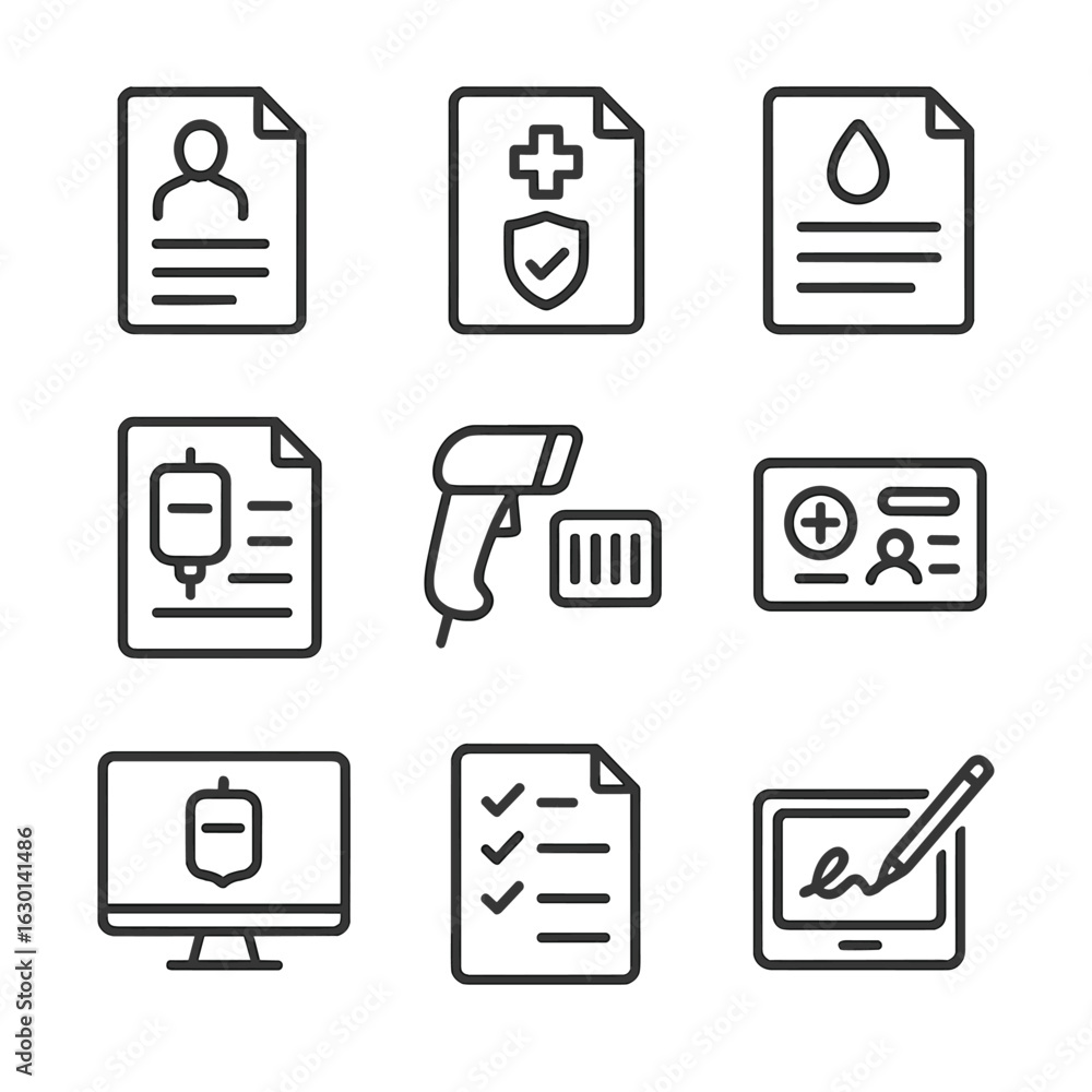 Poster transfusion icon set. outline icon set of transfusion documentation and records: patient chart, cons