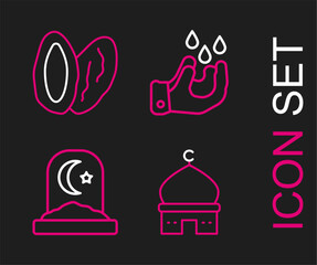 Set line Muslim Mosque, cemetery, Wudhu and Date fruit icon. Vector