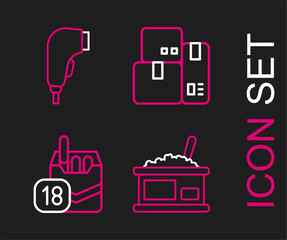 Set line Tin can with caviar, Cigarettes pack box, Cash register machine and Scanner scanning bar code icon. Vector