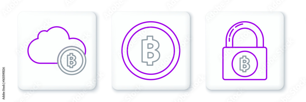 Poster set line lock with bitcoin, cryptocurrency cloud mining and bitcoin icon. vector