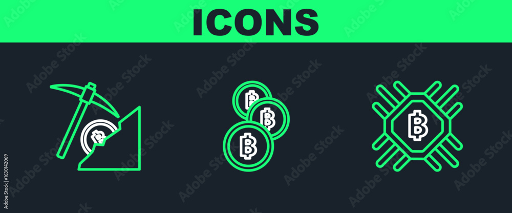 Aufkleber set line cpu mining farm, cryptocurrency cloud and coin bitcoin icon. vector