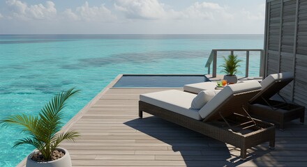 Fototapeta premium Private water villa deck with wicker chairs and ocean view.