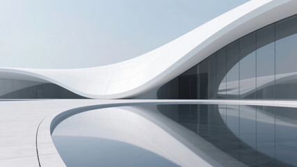 Fototapeta premium Modern Architectural Structure with Curved Lines and Reflective Pool
