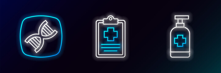 Set line Antibacterial soap, DNA symbol and Patient record icon. Glowing neon. Vector