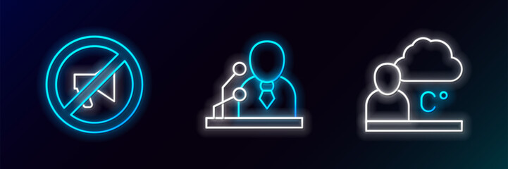 Set line Weather forecast, Censored stamp and Breaking news icon. Glowing neon. Vector