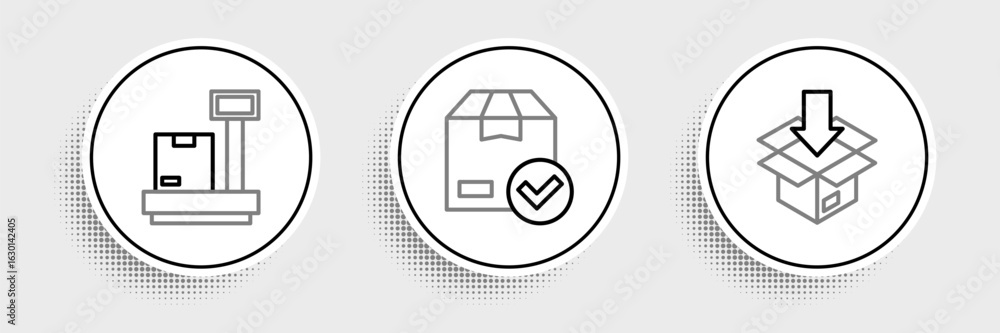 Poster set line carton cardboard box, scale with and ackage check mark icon. vector