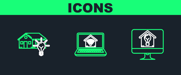Set line Computer monitor with smart house and light bulb, Smart and Laptop home wi-fi icon. Vector