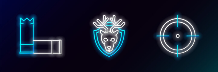Set line Target sport for shooting competition, Cartridges and Deer head with antlers shield icon. Glowing neon. Vector © Oksana