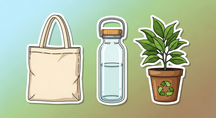 Eco-Friendly Lifestyle Cartoon Illustration Featuring Reusable Items and Greenery for