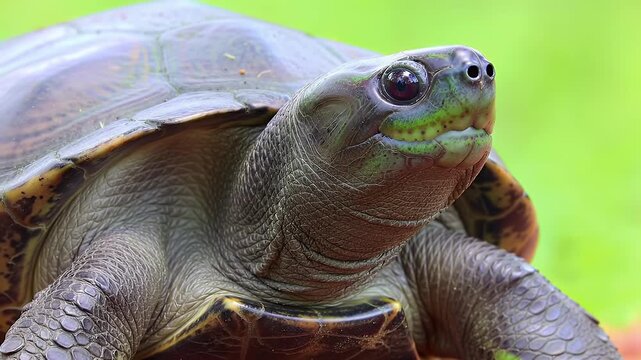 Close-up portrait of a freshwater turtle with a gentle expression and blurred green background