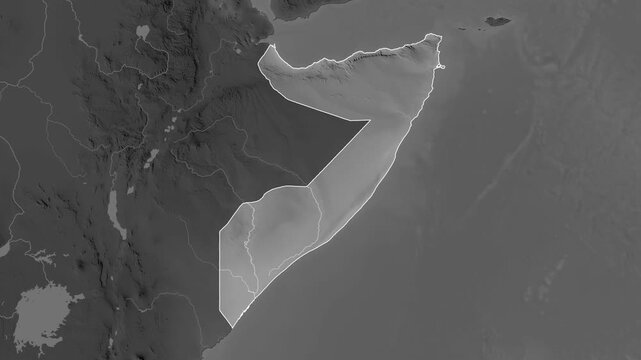 Somalia on the map. Zoom and highlight of the area on a grayscale map.