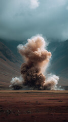 a huge explosion in an open field. destruction, bomb, death. war