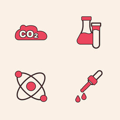 Set Pipette, CO2 emissions in cloud, Test tube and Atom icon. Vector