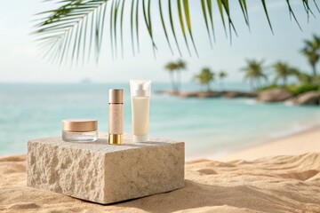 Stone podium for summer cosmetics product presentation on blurred tropical sea sand beach background