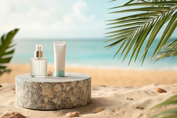 Stone podium for summer cosmetics product presentation on blurred tropical sea sand beach background