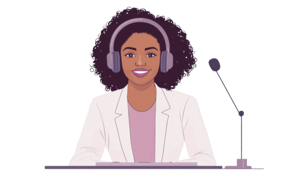 African american woman with a microphone smiling on white background.png
