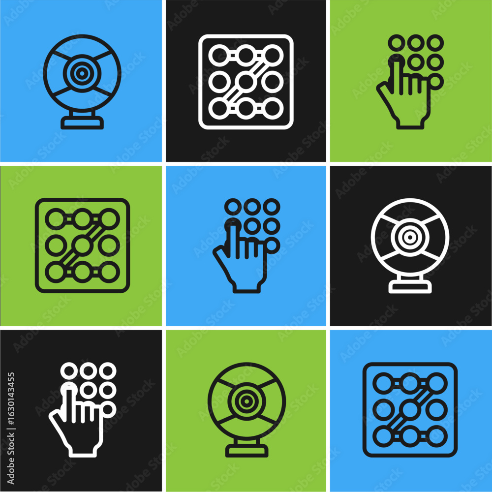 Poster set line security camera, password protection and graphic password icon. vector