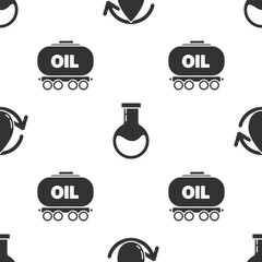 Set Oil drop, Test tube and flask and Oil railway cistern on seamless pattern. Vector