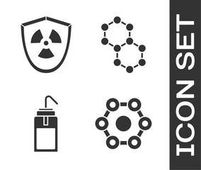 Set Chemical formula, Radioactive in shield, Laboratory wash bottle and Molecule icon. Vector