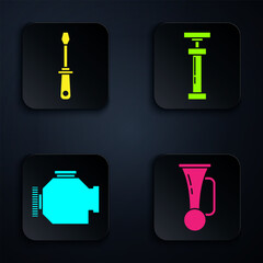 Set Signal horn on vehicle, Screwdriver, Check engine and Car air pump. Black square button. Vector