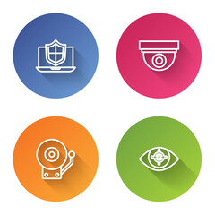 Set line Laptop protected with shield, Security camera, Ringing alarm bell and Eye scan. Color circle button. Vector