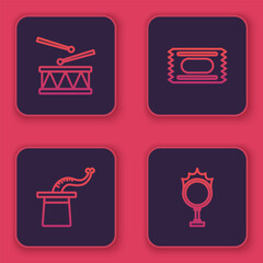 Set line Drum with drum sticks, Magician hat, Circus ticket and fire hoop. Blue square button. Vector