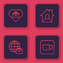 Set line Heart with text work, Online working, and Camera. Blue square button. Vector