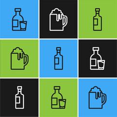 Set line Bottle of vodka with glass, Wine bottle and Wooden beer mug icon. Vector