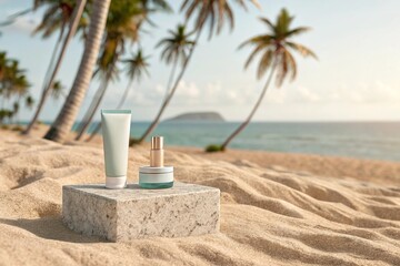 Stone podium for summer cosmetics product presentation on blurred tropical sea sand beach background