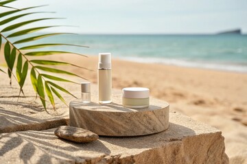 Stone podium for summer cosmetics product presentation on blurred tropical sea sand beach background