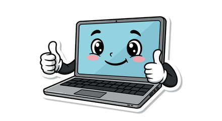 Cheerful kawaii laptop cartoon character giving thumbs up gesture